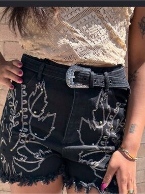 NWT blue b Black Embroidered Denim Shorts with Silver Western Accents